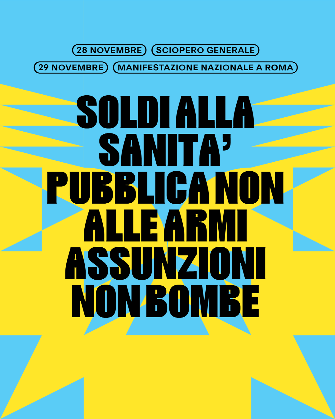 Soldi alla sanita’ pubblica non alle armi assunzioni non bombe. 28 novembre sciopero generale